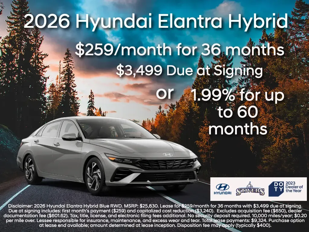 2026 Hyundai Elantra Hybrid on winding desert road with 259 dollars monthly lease or 1.99 percent financing offer